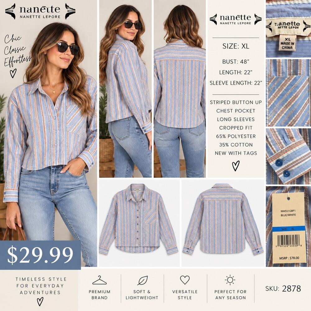 Nanette Nanette Lepore Women’s XL Striped Button Up Shirt Blue NWT